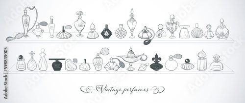 Collection of doodle perfume bottles on the shelf. Vector sketch illistration