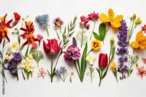 Colourful flowers on white background. Flat lay, top view, generative ai