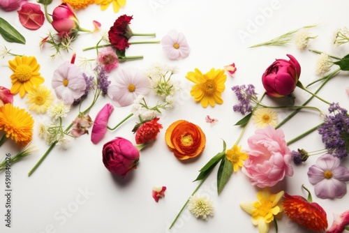 Flowers composition on white background. Flat lay, top view, copy space, generative ai