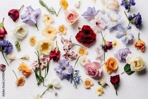 Beautiful colourful flowers on white background. Flat lay, top view, generative ai