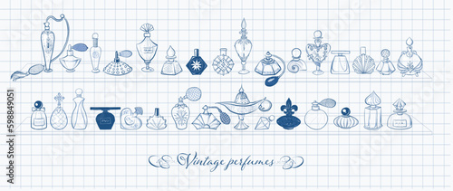 Collection of doodle pen sketch perfume bottles on lined paper. Vector sketch illistration