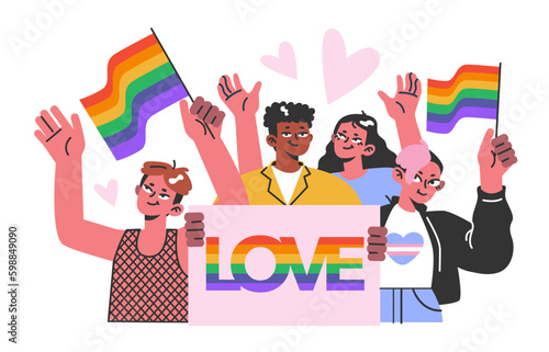 Cheerful characters with rainbow flags celebrate pride month. LGBTQ
