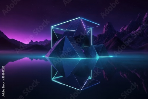 3D illustration of a crystal cube with neon lights and reflection in the water