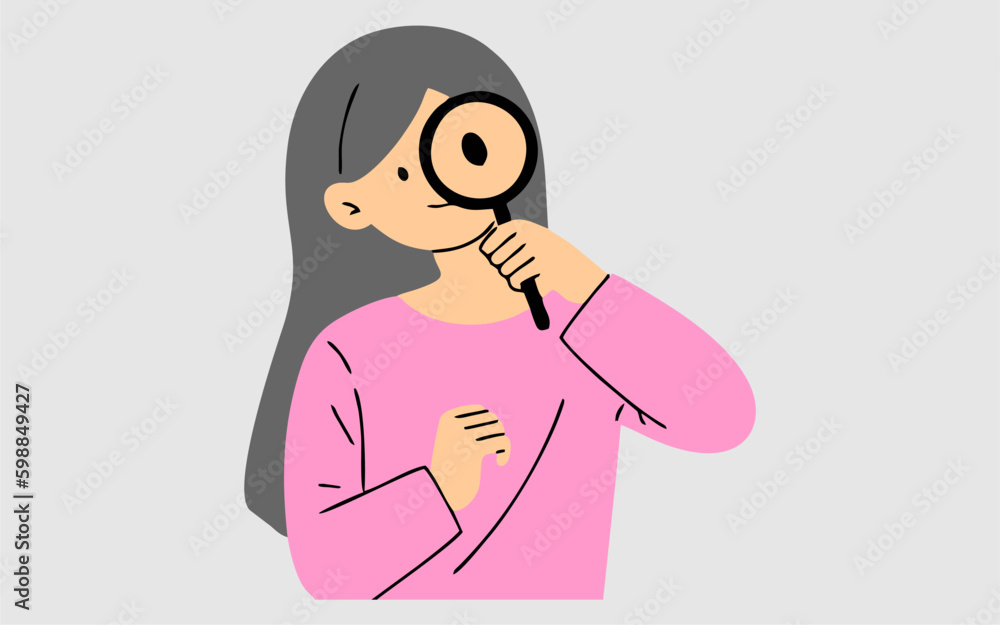 Business woman illustration. A woman is making observations with a magnifying glass. A woman observing with a magnifying glass, copy space Business woman illustration. A woman is making observations with a magnifying glass. A woman observing with a magnifying glass, copy space