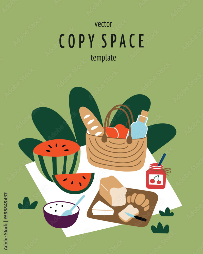 Picnic composition with wicker basket, template with copy space, vector