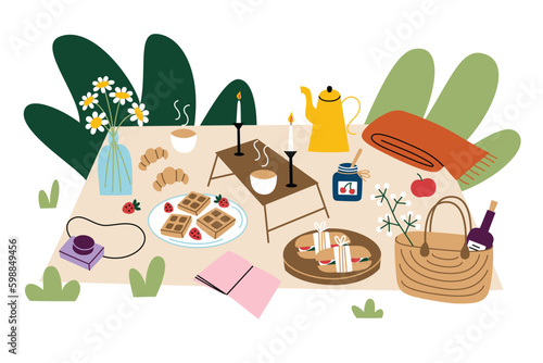 Picnic blanket with food, snacks and drinks. Hand drawn composition with picnic basket. Eating outside, vector illustrations of fruits, sandwiches, wine. Romantic outdoor dinner with candles, colored 