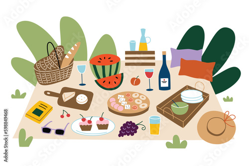 Picnic blanket with delicious food, snacks and drinks for outside meal. Hand drawn composition with picnic wicker basket. Eating outdoors, vector illustrations of fruits, wine, cheese. Trendy glamping