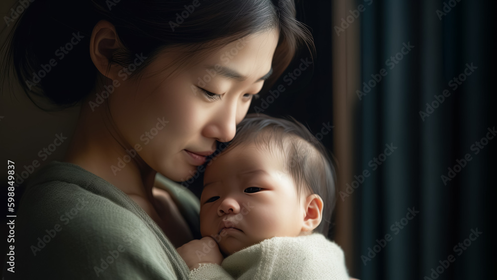 illustration of Loving Asian Mother Holding Her Newborn Baby Close Face to Face, generative AI