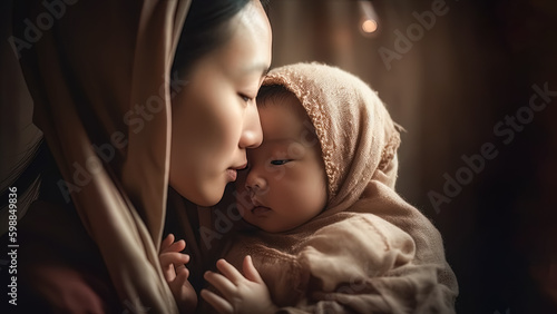 illustration of Loving Asian Mother Holding Her Newborn Baby Close Face to Face, generative AI photo