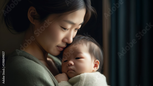 illustration of Loving Asian Mother Holding Her Newborn Baby Close Face to Face, generative AI