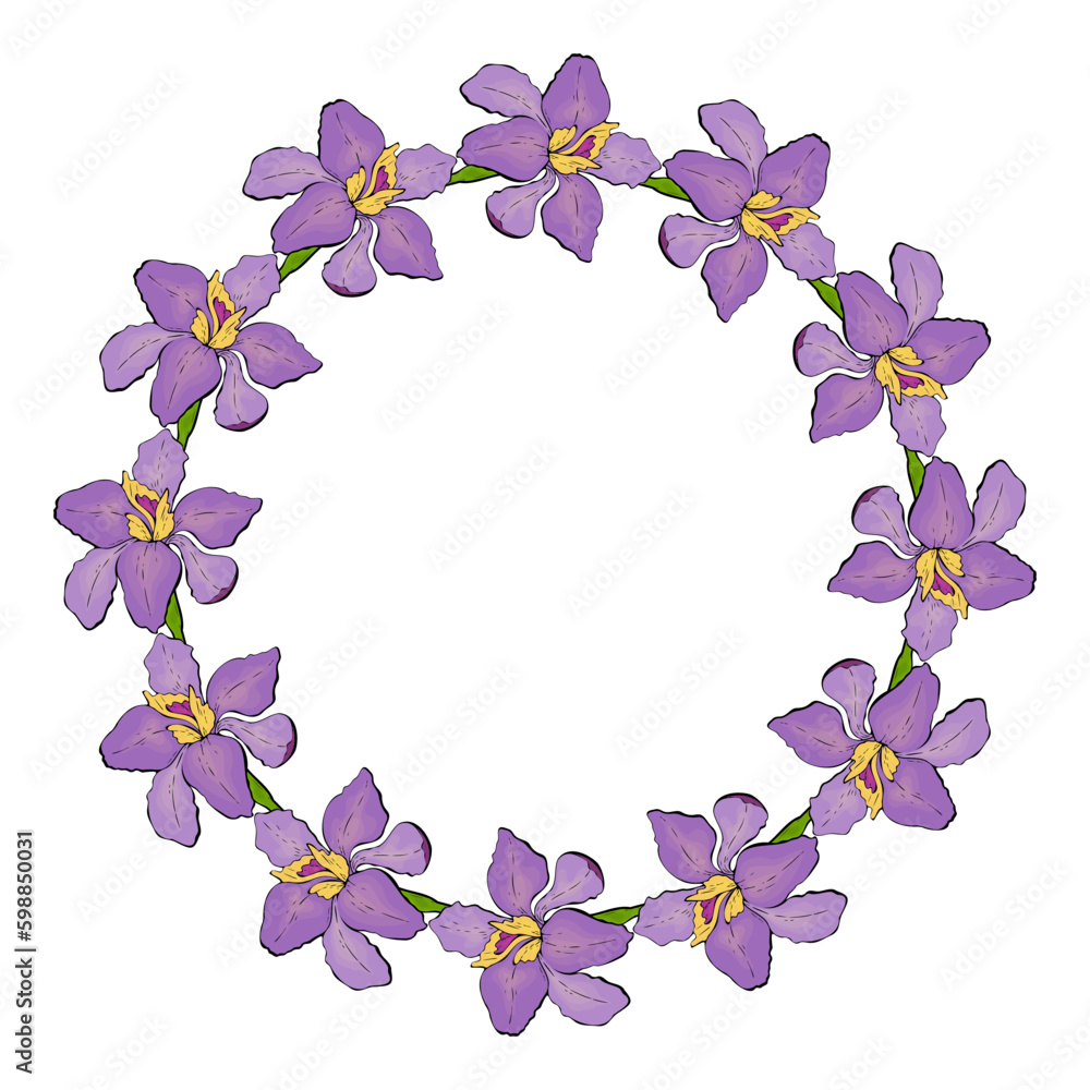 Wreath round frame with doodle purple violet Iris flowers hand drawn. Vector illustration Generative AI