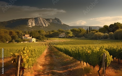 beautiful rural summer landscape vineyards with a rustic house  a trip to Europe  generative ai