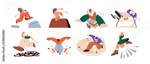 Abstract concepts with people jumping over, overcoming obstacles, dangers, risks on way to goal, success. Life and business challenges. Flat vector illustrations set isolated on white background