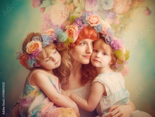 Happy mother's day. A vibrant and colorful image of a mother and her children. Generative AI