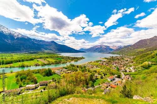 Lake Como, photographed from the church of San Miro, in Gera Lario. View of the towns and mountains of the upper lake and the Mera river.
 photo