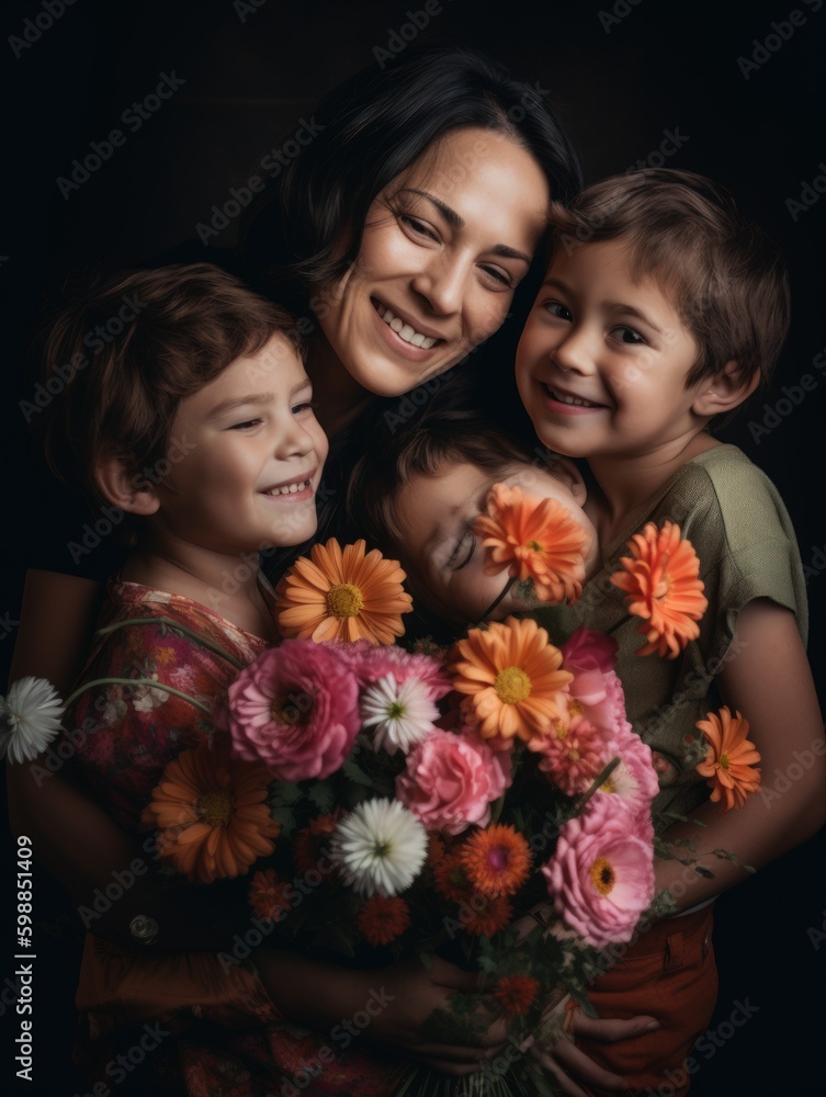 Happy mother's day. A heartwarming depiction of a mother and her children on Mother's Day. Generative AI Happy mother's day. A heartwarming depiction of a mother and her children on Mother's Day. Generative AI