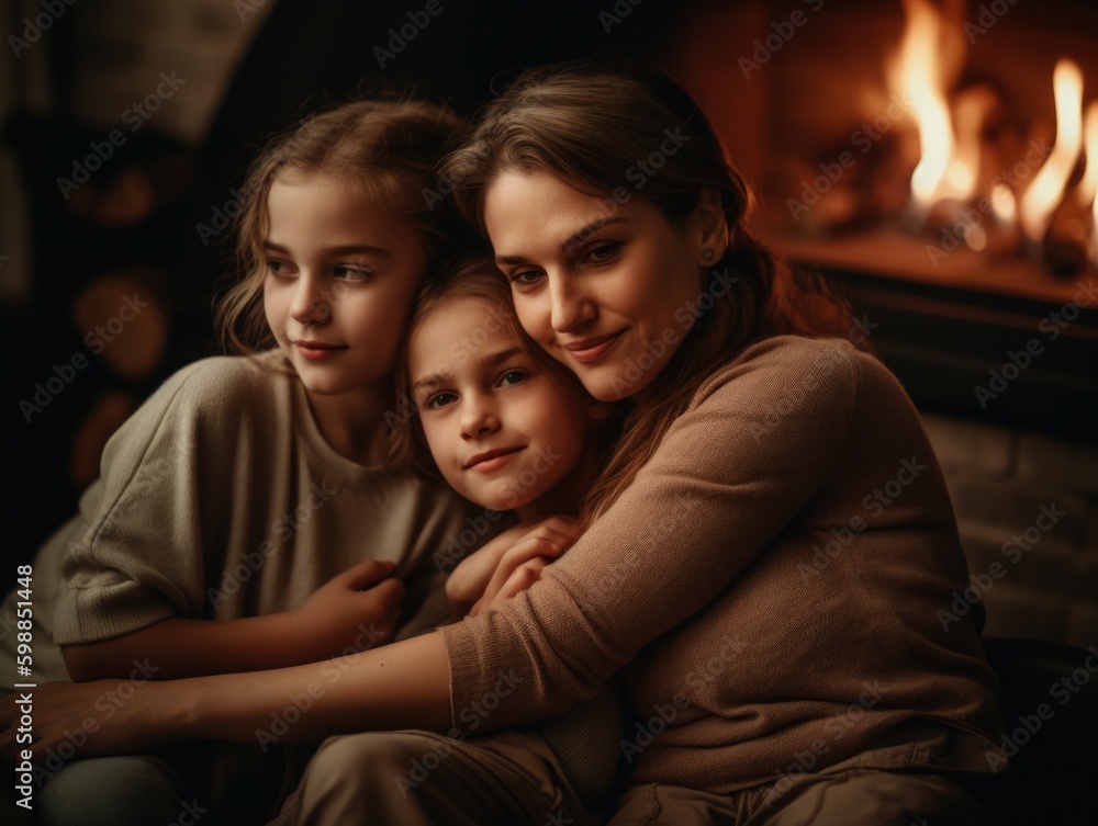 Happy mother's day. A heartwarming image of a mother and her children cuddling on a cozy couch in front of a fireplace on Mother's Day. Generative AI Happy mother's day. A heartwarming image of a mother and her children cuddling on a cozy couch in front of a fireplace on Mother's Day. Generative AI