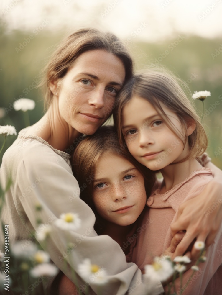 Happy mother's day. A heartwarming image of a mother embracing her grown - up children, surrounded by a field of blooming flowers. Generative AI Happy mother's day. A heartwarming image of a mother embracing her grown - up children, surrounded by a field of blooming flowers. Generative AI