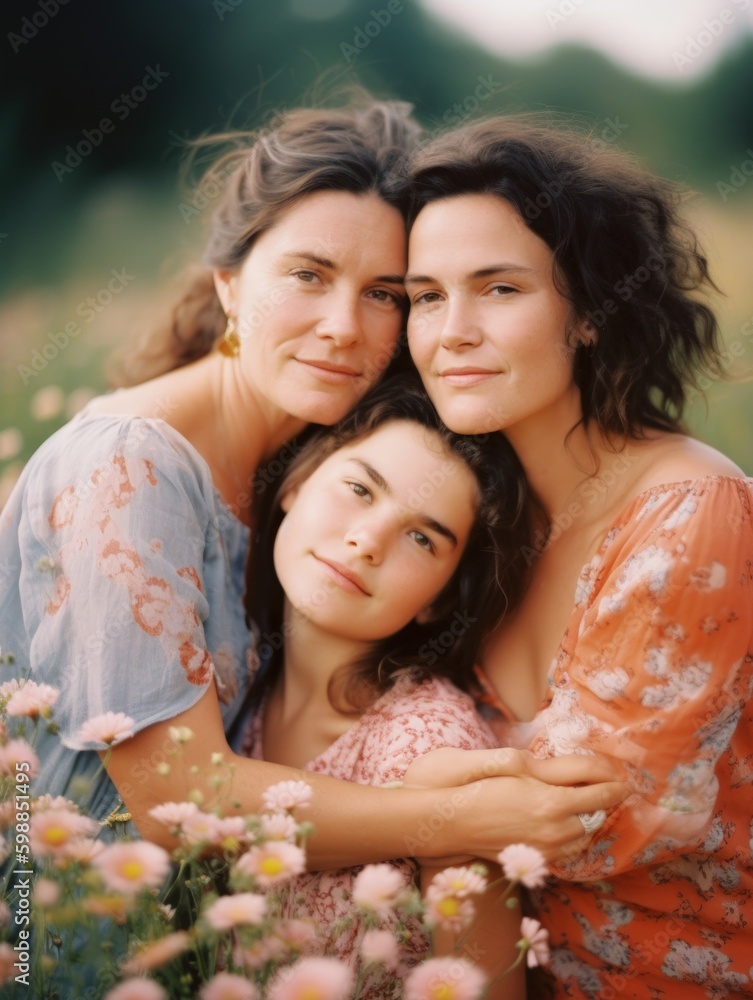 Happy mother's day. A heartwarming image of a mother embracing her grown - up children, surrounded by a field of blooming flowers. Generative AI Happy mother's day. A heartwarming image of a mother embracing her grown - up children, surrounded by a field of blooming flowers. Generative AI