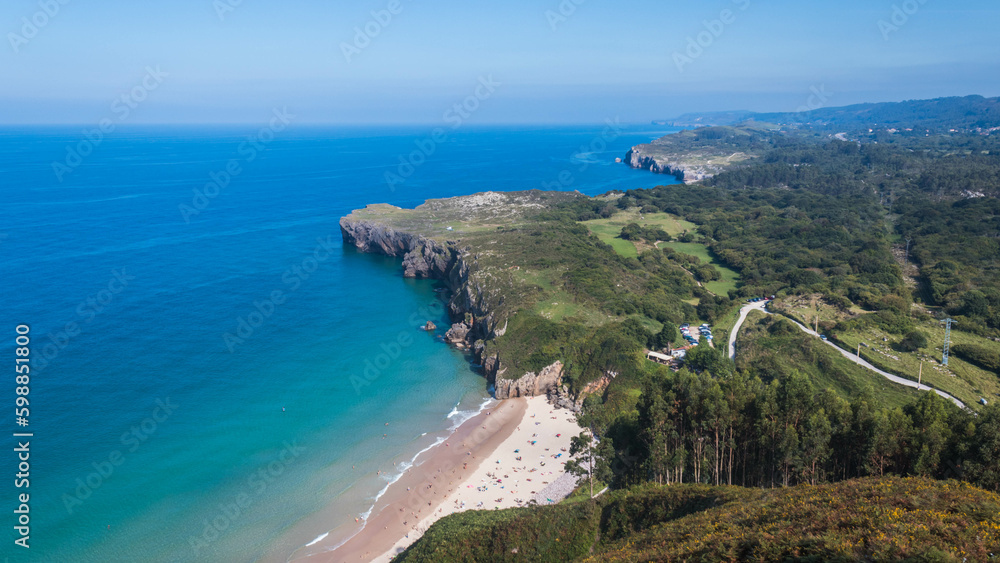 Panoramic view of Playa de Andrin from Mirador de la Boriza, Asturias, Spain