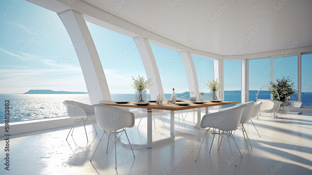 Luxury modern dining room in white, modern interior design with view on ...