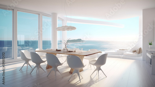 Luxury modern dining room in white  modern interior design with view on the ocean  ai generative