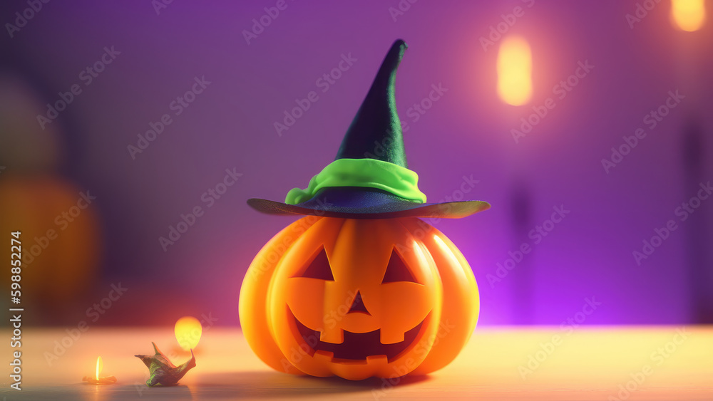 3D illustration of cute cartoon Jack O Lantern pumpkin with witches hat ...
