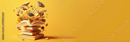 Banner Open book with fantastic levitation glowing colorful flowers splash on yellow background, beautiful, World book day, knowledge and creativity concept, spring, summer mood.