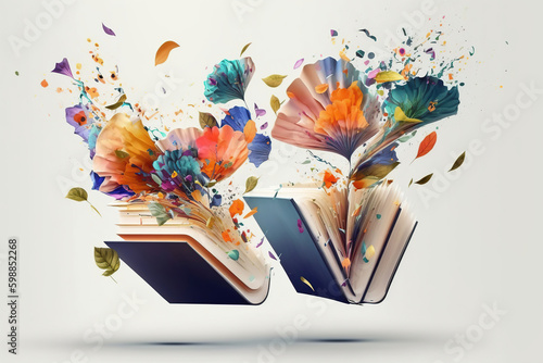 Open book with fantastic levitation glowing colorful flowers splash on white background, beautiful, World book day, knowledge and creativity concept, spring, summer mood. photo