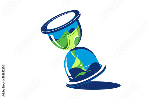 Devaluation of money, depreciation of money over time concept. Money disappears by passing the hourglass. Inflation, economic crisis. Vector illustration
