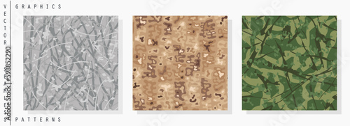 Three seamless camouflage patterns. Winter, desert, forest. Vector print