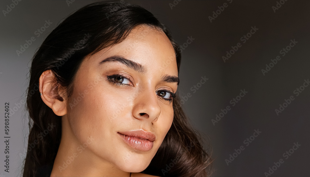 Fototapeta premium Beautiful Young Woman with Clean and Fresh Skin on Isolated Background, Perfect for Beauty, Skincare, Cosmetics, Makeup, and Health and Wellness Promotion, Generative AI