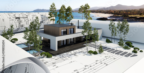 Entwurf eines modernen Einfamilienhauses mit Dachterrasse und Swimmingpool (Miditerrane Küstenlandschaft im Hintergrund) - 3D Visualisierung photo