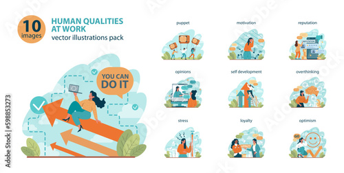 Office worker set. Business character or employee daily attitude