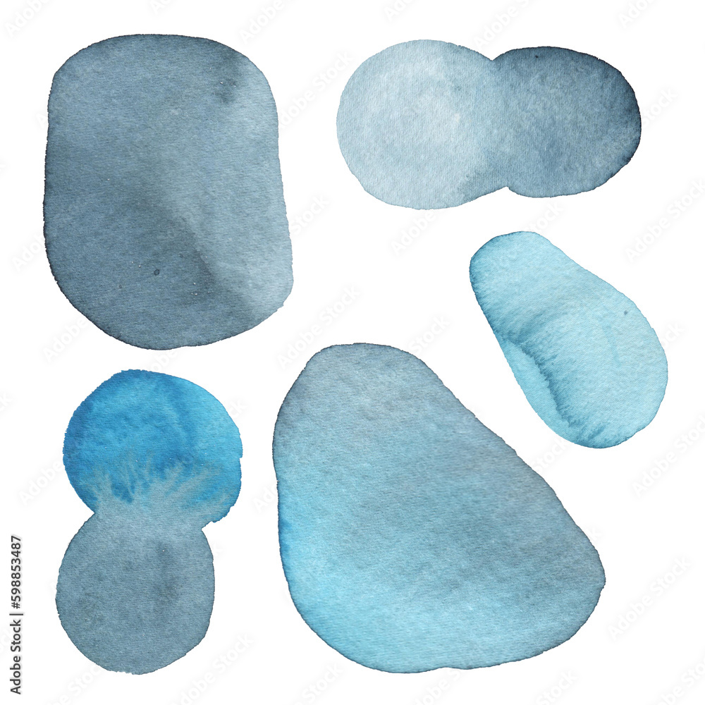 Set of blue and navy watercolor abstract spots. Hand drawn blots on textured paper. Set of blue and navy watercolor abstract spots. Hand drawn blots on textured paper.
