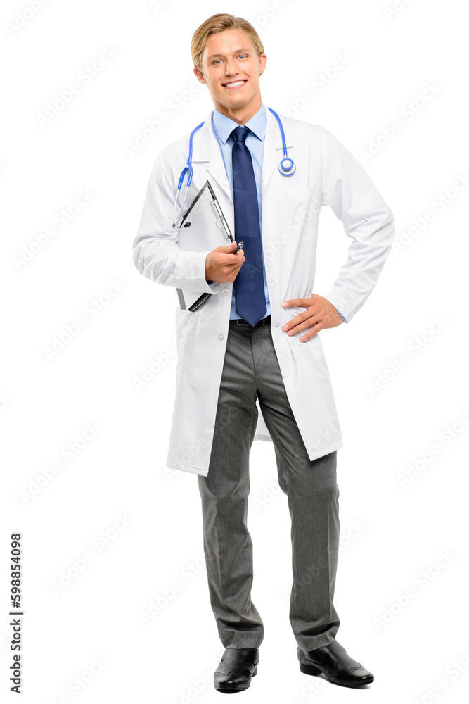 Its my job to make you feel better. Full length shot of a handsome young doctor standing alone in the studio and posing while holding a clipboard. Its my job to make you feel better. Full length shot of a handsome young doctor standing alone in the studio and posing while holding a clipboard.