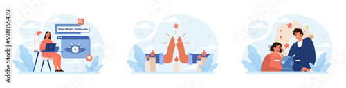 Occultism set. Character performing witchcraft rituals, sorcery and magic