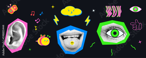 Collage elements for a message using the ear, eye and mouth with the tongue. Vintage vector set with dotted pop art. Bright psychedelic colors