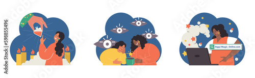 Occultism set. Character performing witchcraft rituals, sorcery and magic