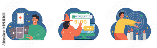 Occultism set. Character performing witchcraft rituals, sorcery and magic