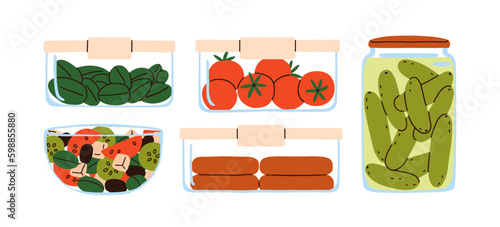 Food products and ingredients set. Fresh vegetables, tomato, spinach in container, storage boxe, pickles and brine in jar, healthy salad in bowl. Flat vector illustrations isolated on white background