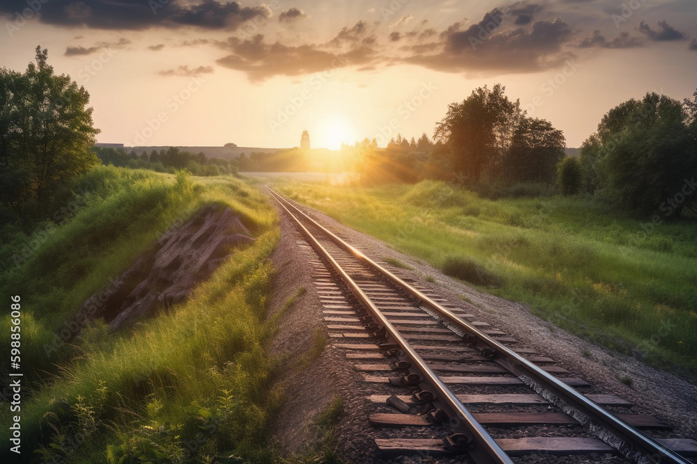 Railroad track during sunset. AI Generated