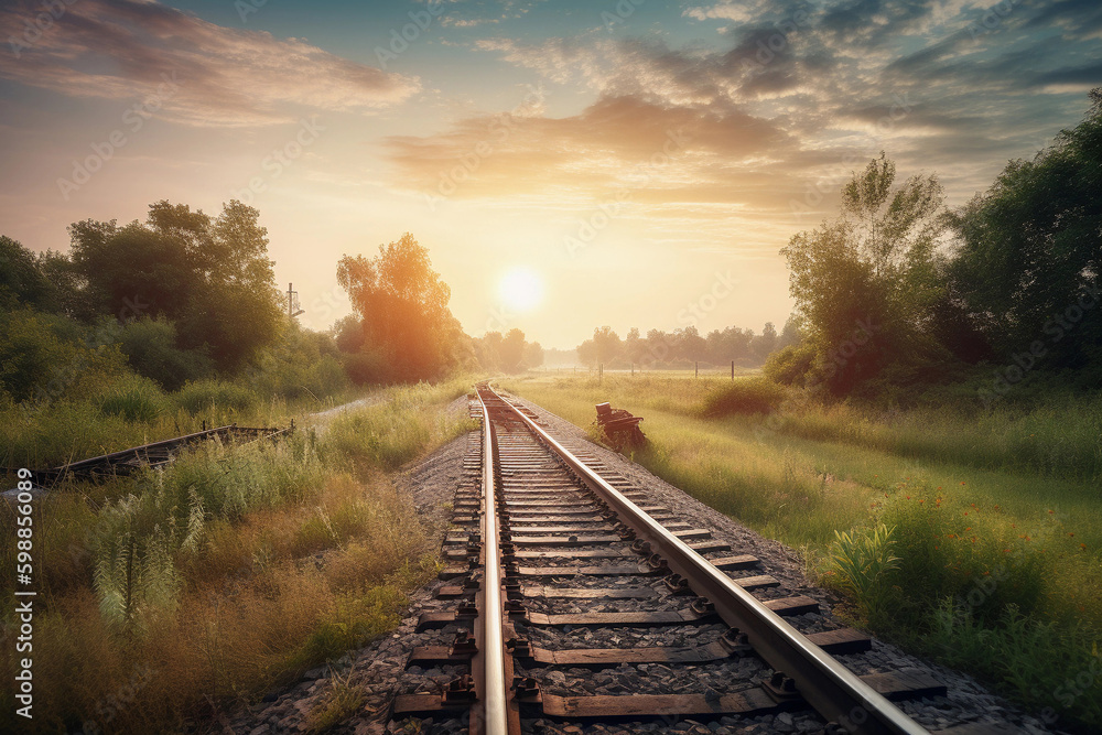 Obraz premium Railroad track during sunset. AI Generated