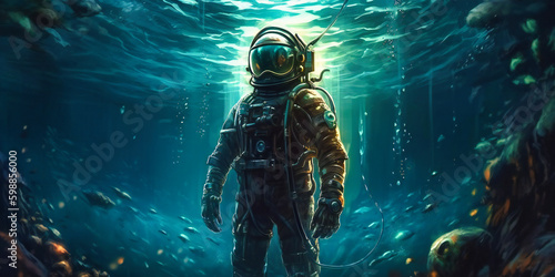 an astronaut in his suit standing underwater