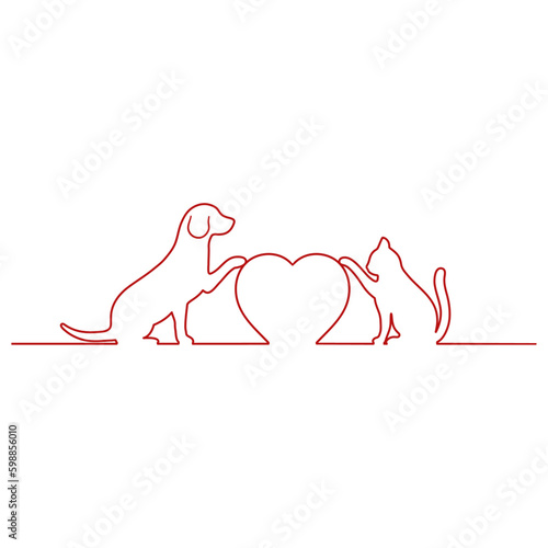 Linear illustration of a dog and a cat with a heart on a white background