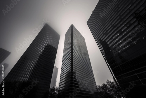 Skyscrapers of modern buildings in the fog. AI Generated