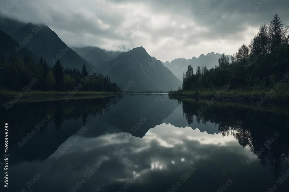 mountains reflection in water. AI Generated
