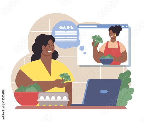 Woman cooking healthy food with online tutorial. Female charactrer