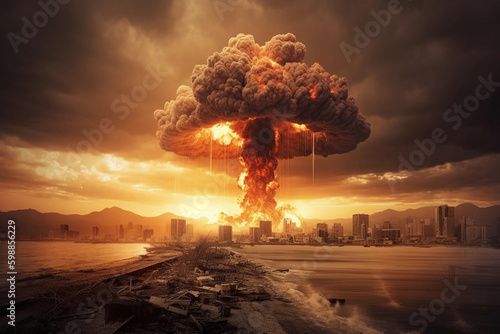 Nuclear explosion. Nuclear war and Mushroom cloud. AI Generated