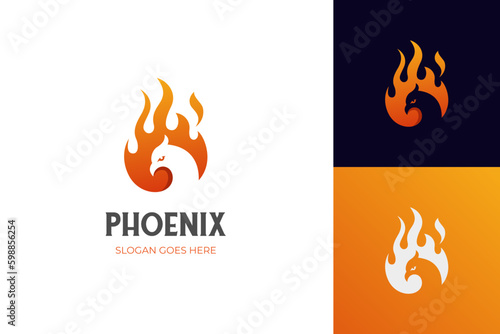 Phoenix Bird in Fire Flame Logo design, eagle energy fire graphic element icon vector template Negative space style